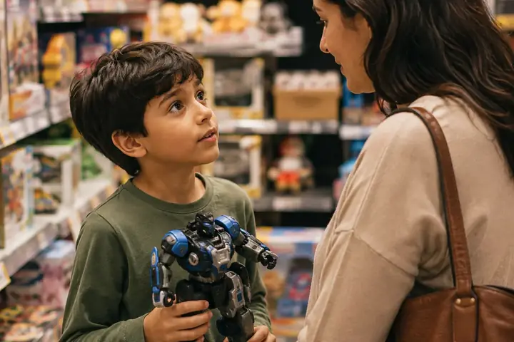 Menino pedindo um brinquedo para a mãe em uma loja